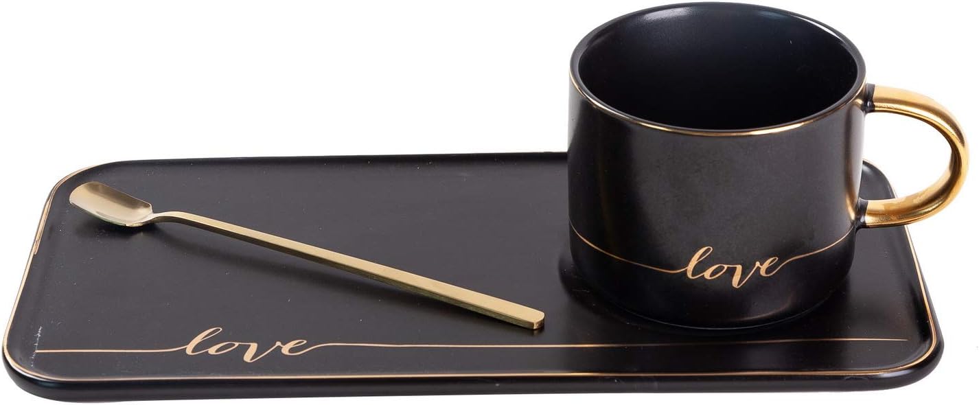 TJ Gobal Porcelain Coffee Mug, Tea Cup with Saucer and Golden Spoon with Gold Scripted Love and Trim for Coffee, Hot Chocolate, Cappuccino, and Latte, 8 Oz. (Black)
