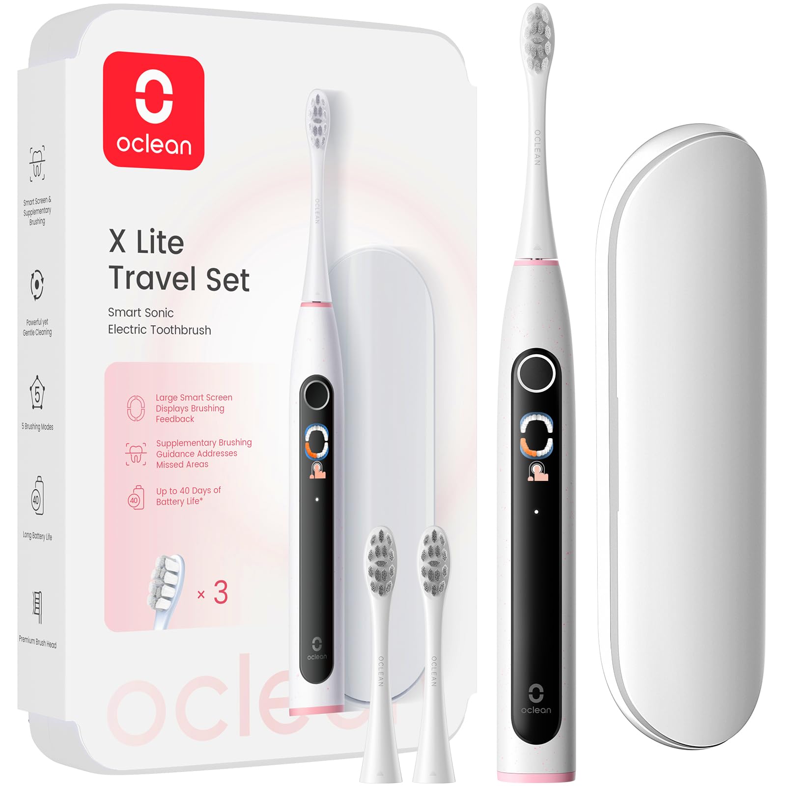 OcleanX Lite Smart Sonic Electric Toothbrush Set, Large Smart Screen, 8 Areas Tracking, One-Click Extra Brushing, 5 Modes, 2 Replacement Heads & Travel Case, IPX7 Waterproof, USB C Rechargeable(Gray)