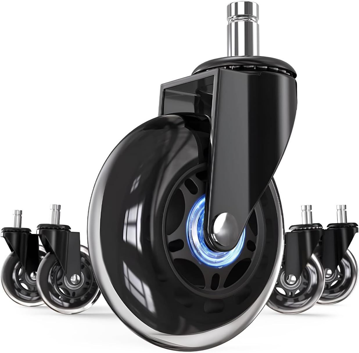 Corvids 3-Inch Universal Fit Single Caster Wheels | 2 -Year Warranty | Replaceable Rollerblade Type Steel PU Rubber, Safe for All Floors (Stem Size 11/22 mm) - Set of 5