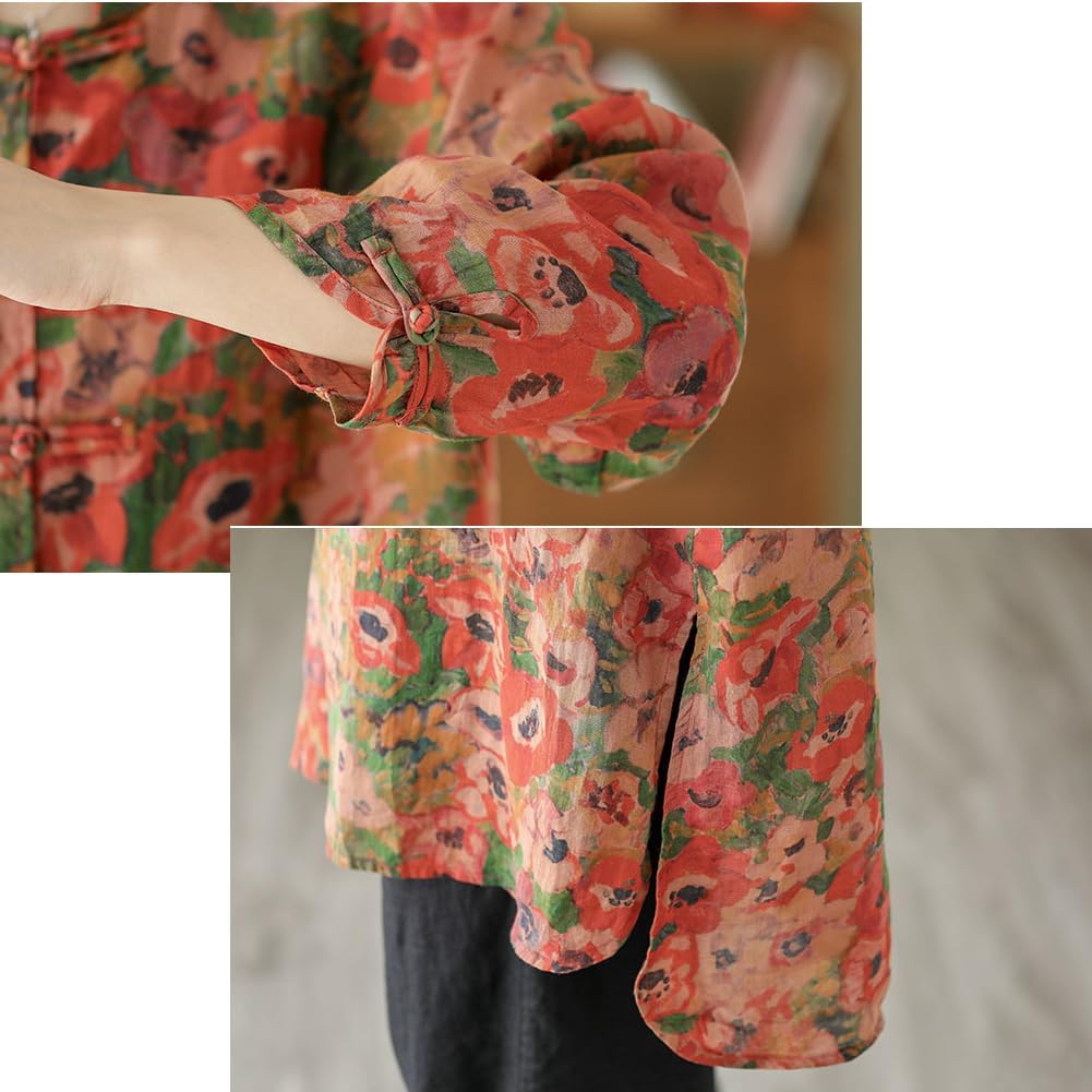 Spring Autumn Retro Frog Button Mid-Length Hanfu Shirt for Women, Loose Tang Suit Top Tai-chi Blouse