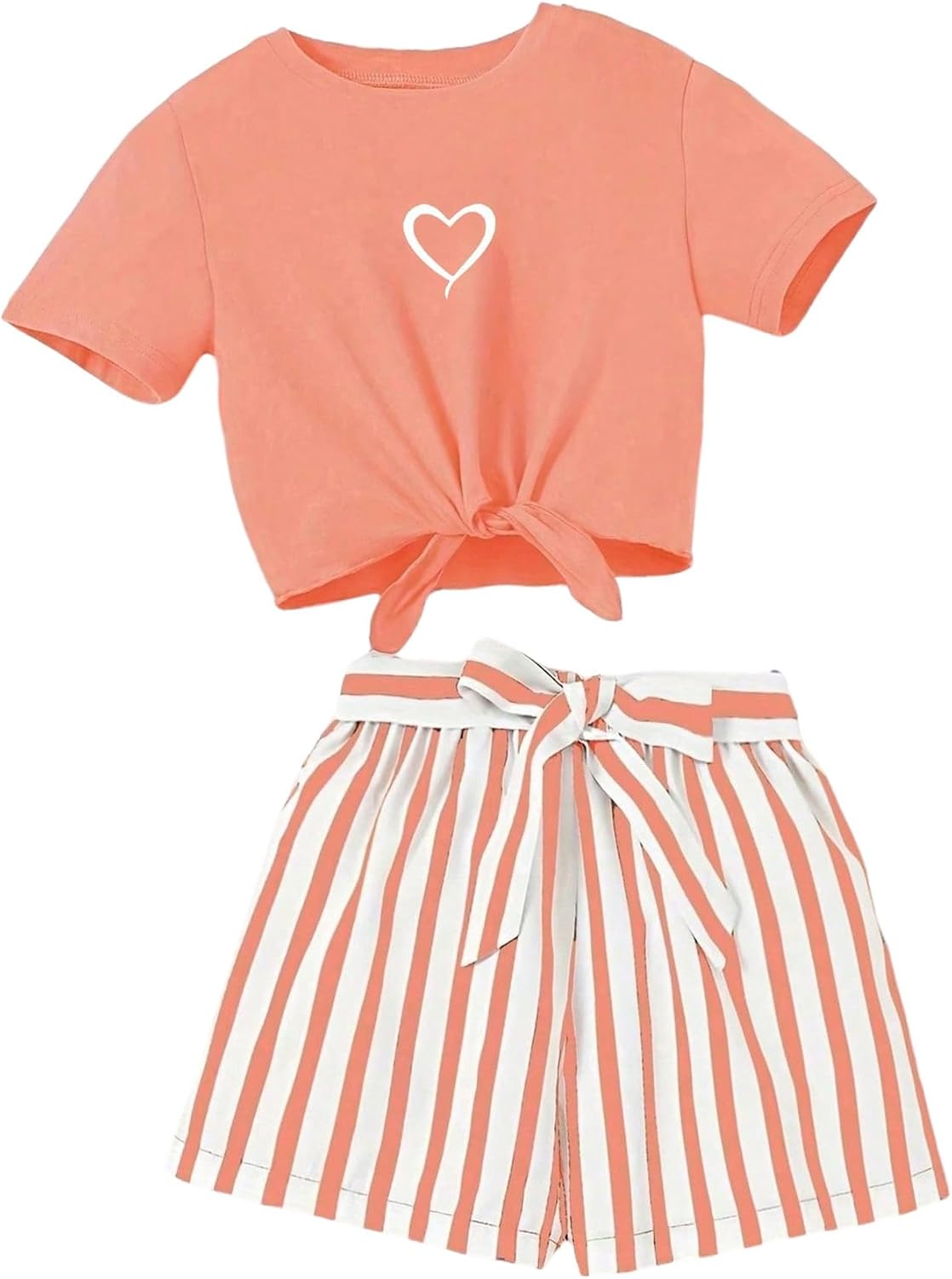 Floerns Girl's 2 Piece Outfits Cute Heart Print Short Sleeve T Shirts and Striped Bowknot Shorts Set