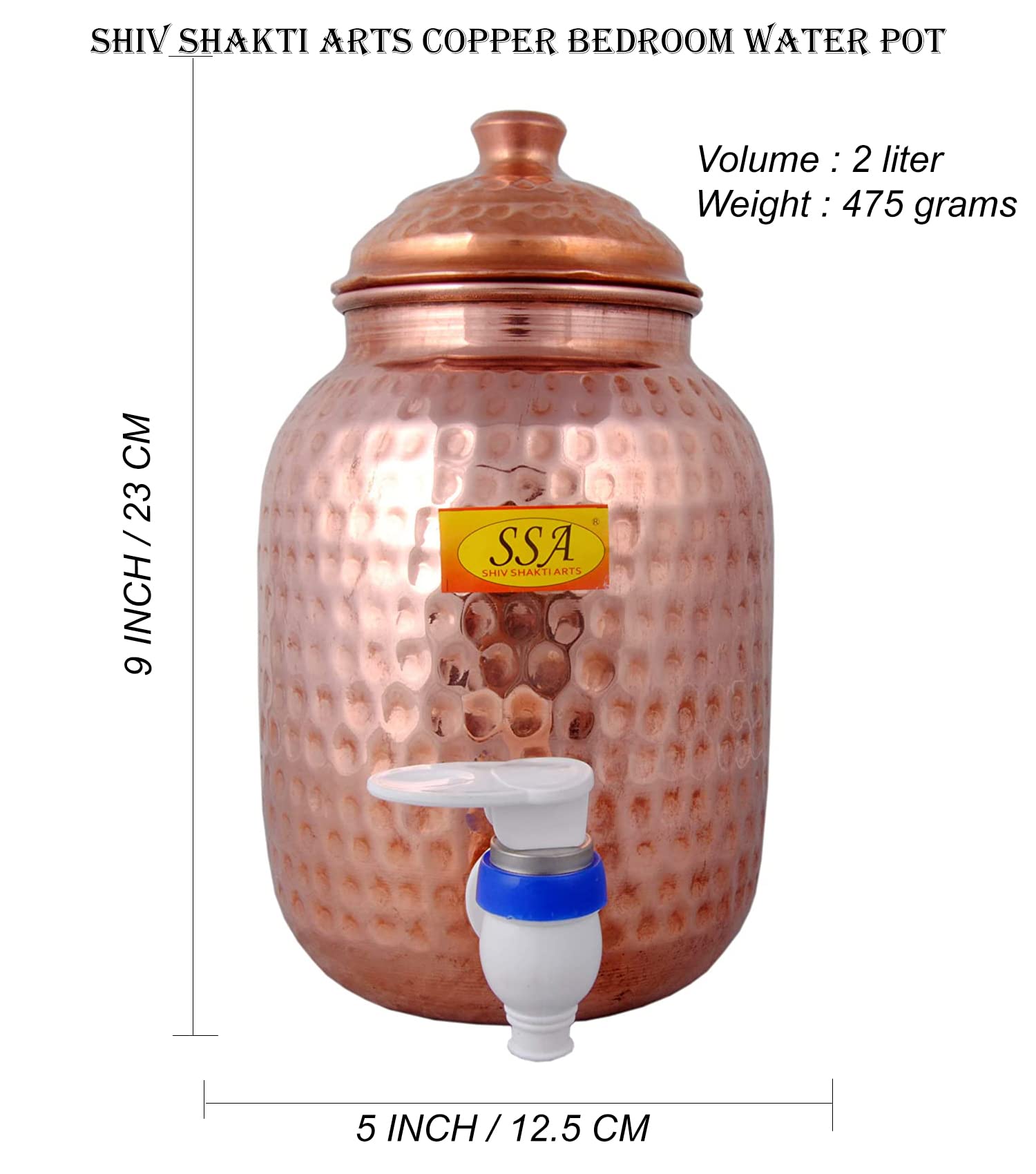 SHIV SHAKTI ARTS Handmade Pure Copper Hammered Water Pot/Tank Capacity 2 Litre