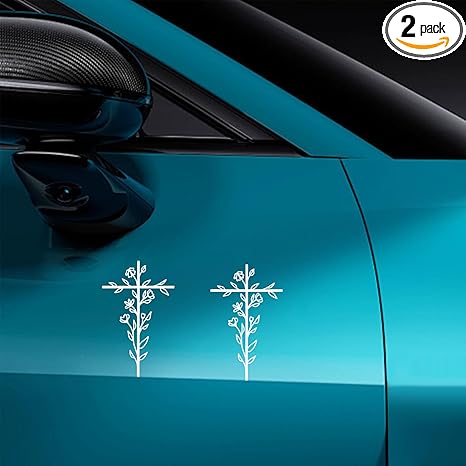 Cross & Floral Car Sticker Decal, Christian Vehicle Window Sticker, Vinyl Waterproof Automotive Bumper Decal, Religious Flower Sign Auto Decoration Accessories for Truck, SUV (2PCS)