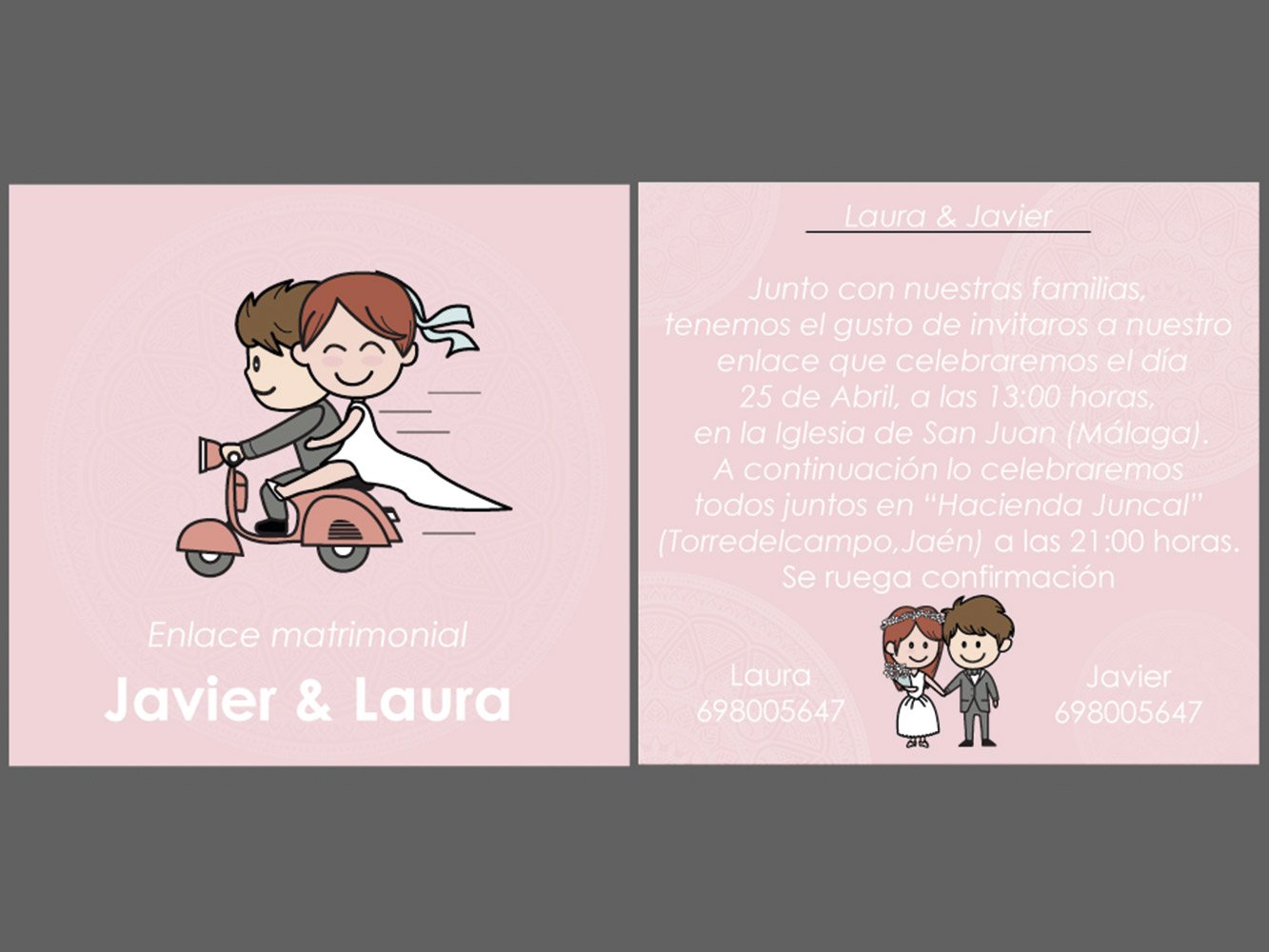 Pack 50 Stück Hochzeitseinladungen 100% Custom | Brautpaar in Vespa Rosa Hintergrund | Maße 15 cm x 15 cm | Rolle Opal | hochwertige Ausdrucke 50 Uds
