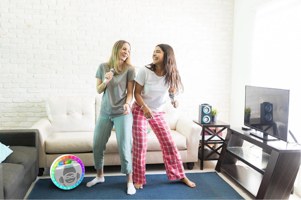 Altavoz Bluetooth con 2 micrófonos - Karaoke portátil - Tamaño 25 cm - Batería Recargable de Larga duración - Luces de Discoteca - Soporte para móvil - Compatible con Youtube y Spotify - para Fiesta