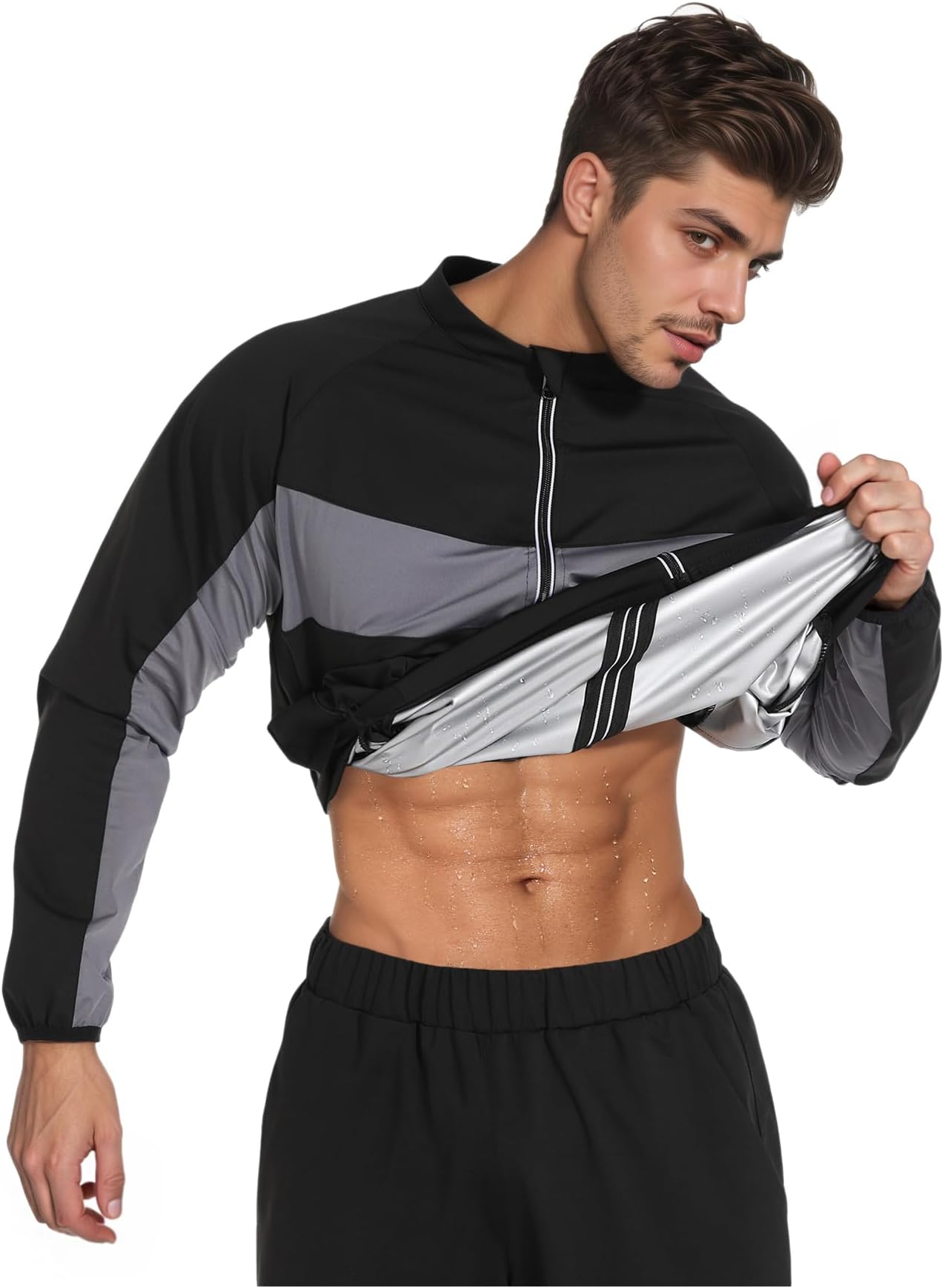 Sauna Suit for Men Silver Coated Sweat Shirt Workout Saunas Jacket for Fitness Running Sports