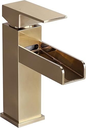 Homary Moderno grifo de lavabo de baño con boquilla de cascada de oro cepillado de latón macizo montado en cubierta de una sola palanca, relleno de