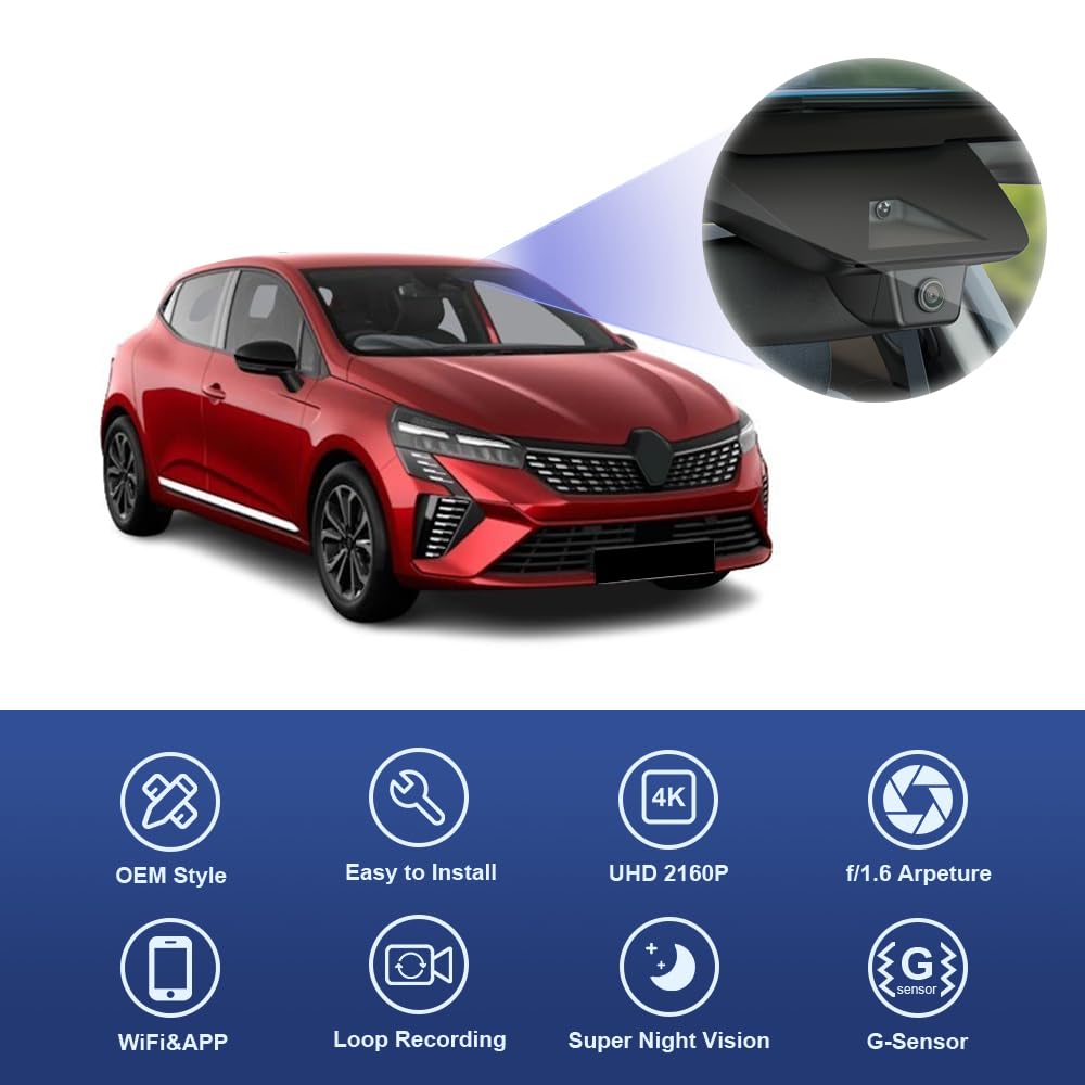 Fitcamx Dashcam 4K Compatible avec Renault Clio V 2019-2024 (HD2-D8900), OEM Caméra Embarquée Voiture, 2160P UHD Video WiFi, G-Capteur, Enregistrement en Boucle, WDR Dash cam, Plug & Play, Carte 64Go