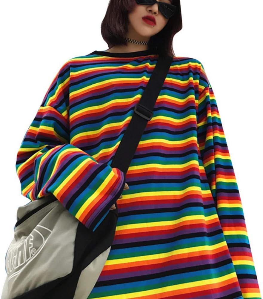 Women Girls Rainbow Striped T Shirt Oversized Long Sleeve Pullover Sweatshirt Tops for Causal Street Wear Festivals - Image 2