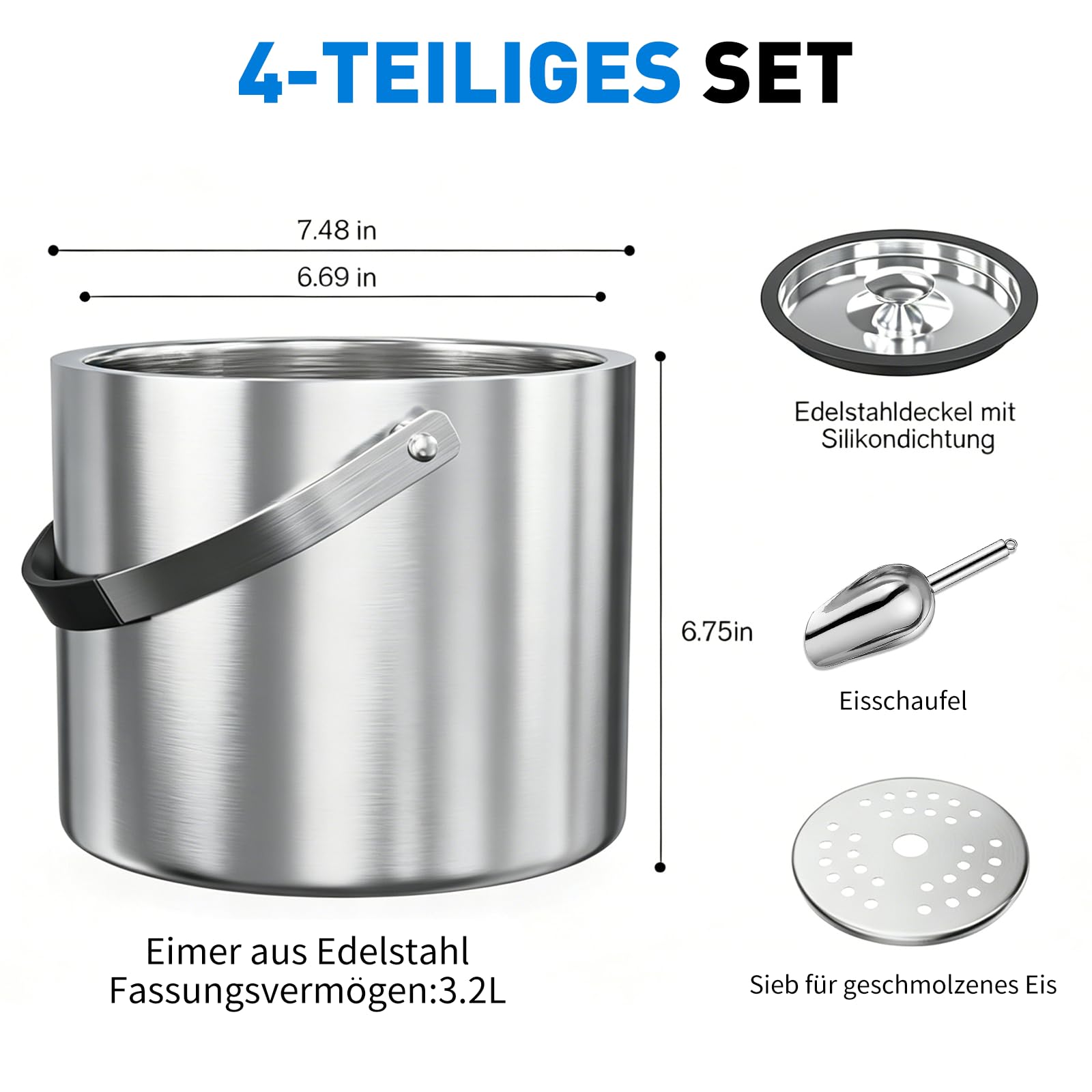 3,2L Eiswürfelbehälter mit Deckel Schaufel-Edelstahl Eiskübel Doppelwandiger Isolierter Eisbehälter für Eiswürfel Ideal zum Kühlen von Bier Champagner Wein und Obst