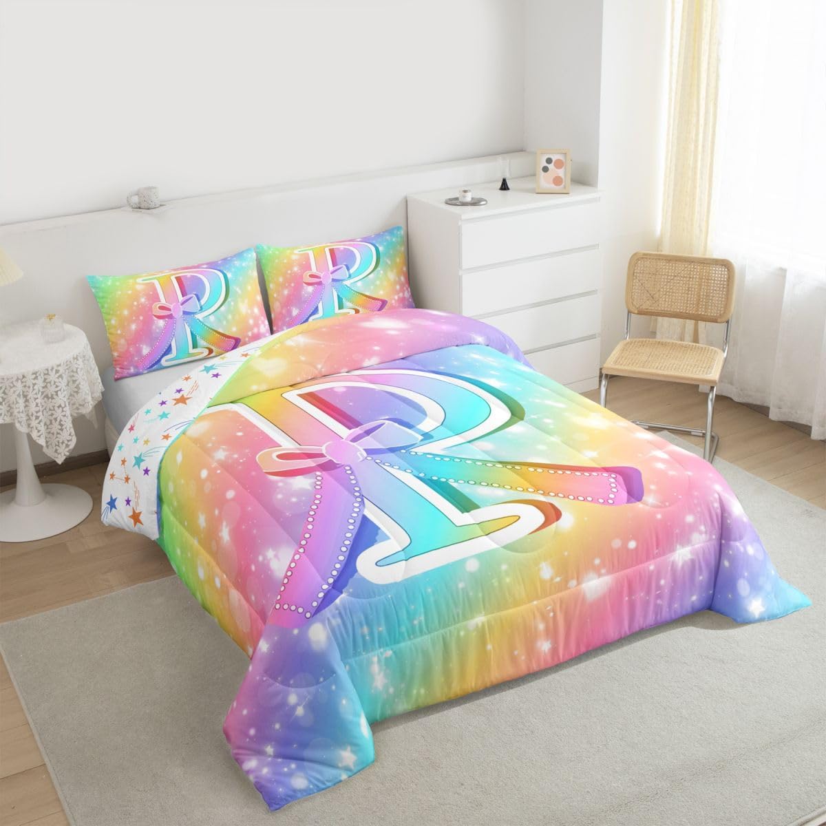 Feelyou Colorful Rainbow Kids Comforter Set Twin Size Personalized Gifts for Kids Girls Bedding Set Cute Coquette Bow Knot Duvet Quilt Bedroom Initial P Decor Monogrammed Ultra Soft Breathable