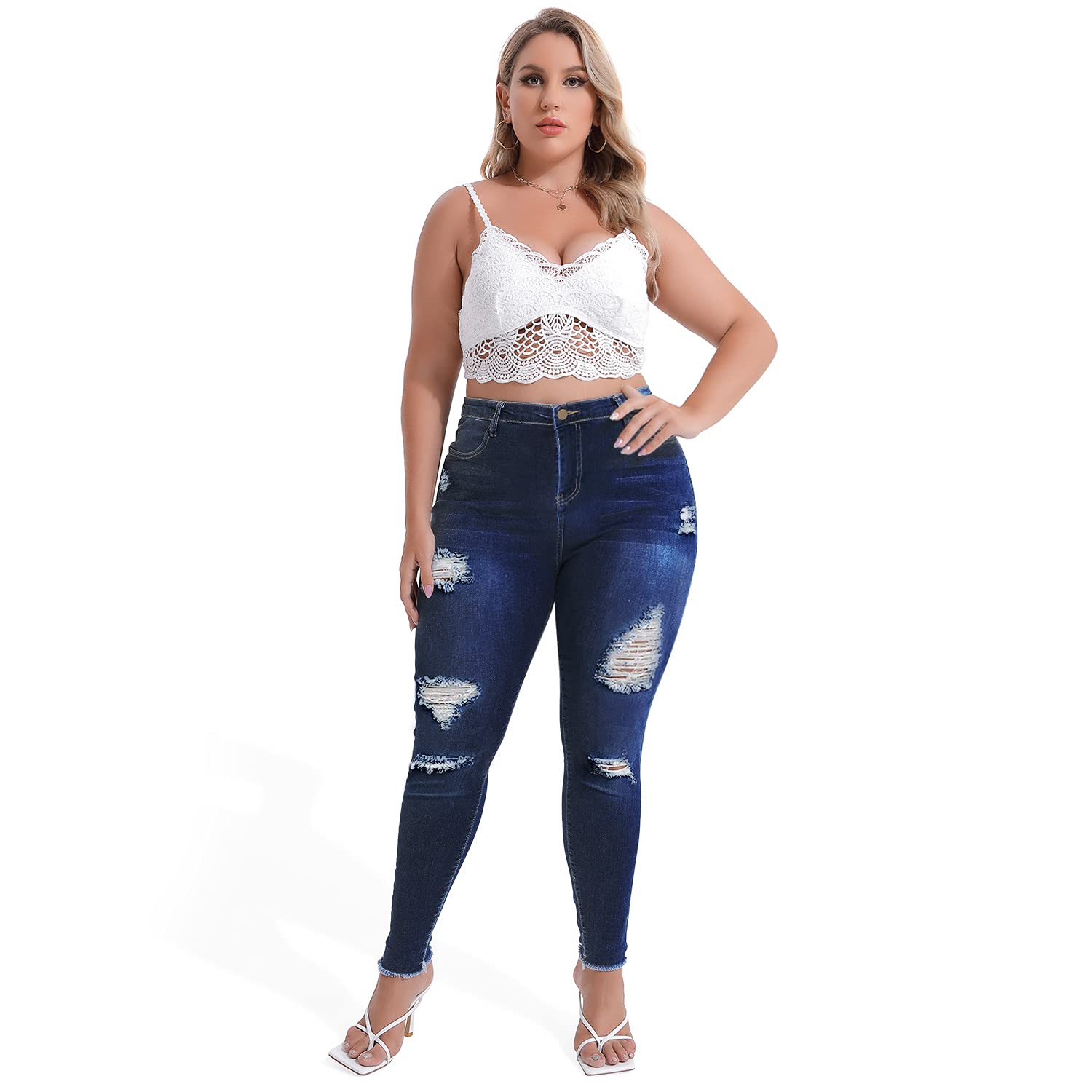 Plus Jeans for Women Stretch Plus Jeans Distressed Ripped Skinny Denim Stretch Slim Length Jeans Pants