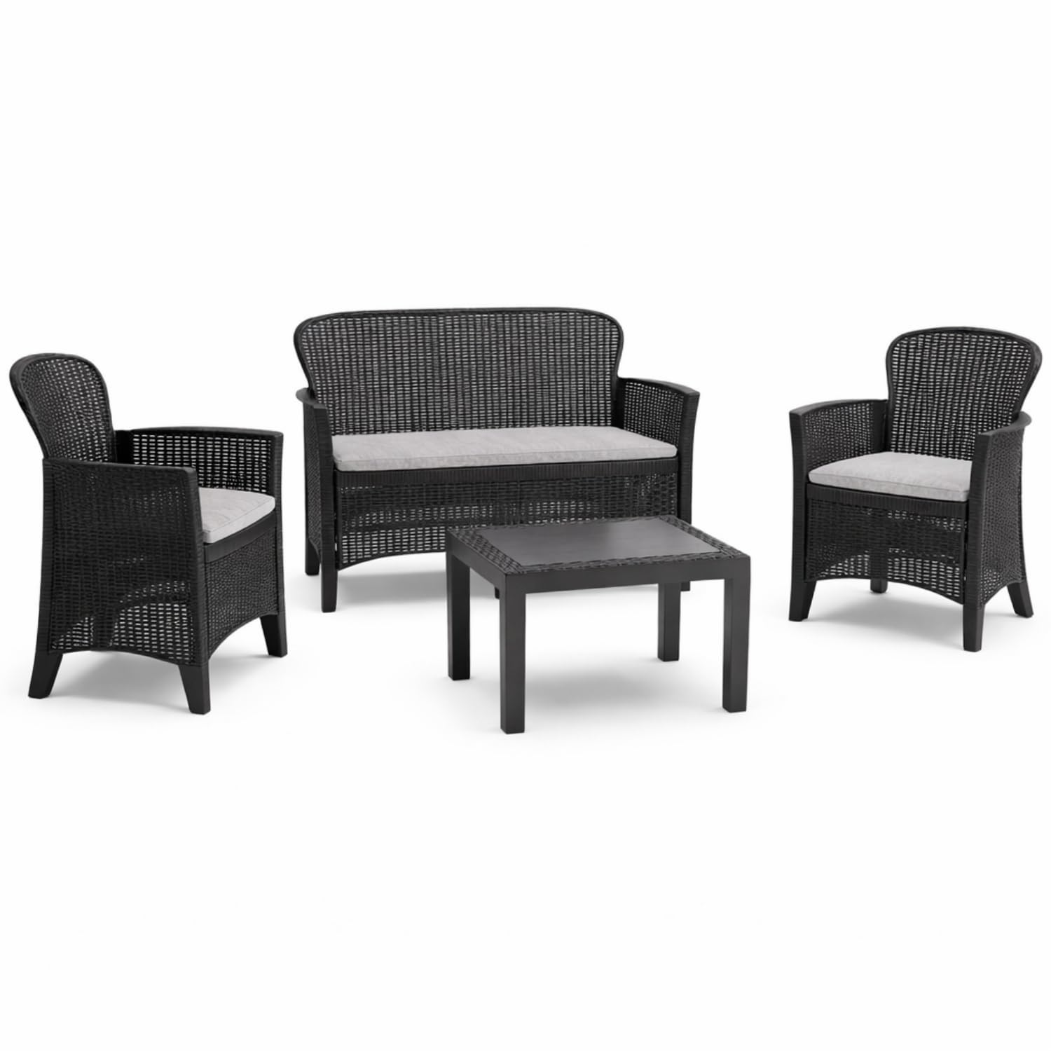 VIRSUS Set Salottino da Giardino per 4 Persone, Composto da: 2 Poltrone, 1 Divano a 2 Posti e 1 Tavolino, Cuscini per comoda Seduta, Design Rattan di colore Antracite, Interno ed Esterno -JUN6043F