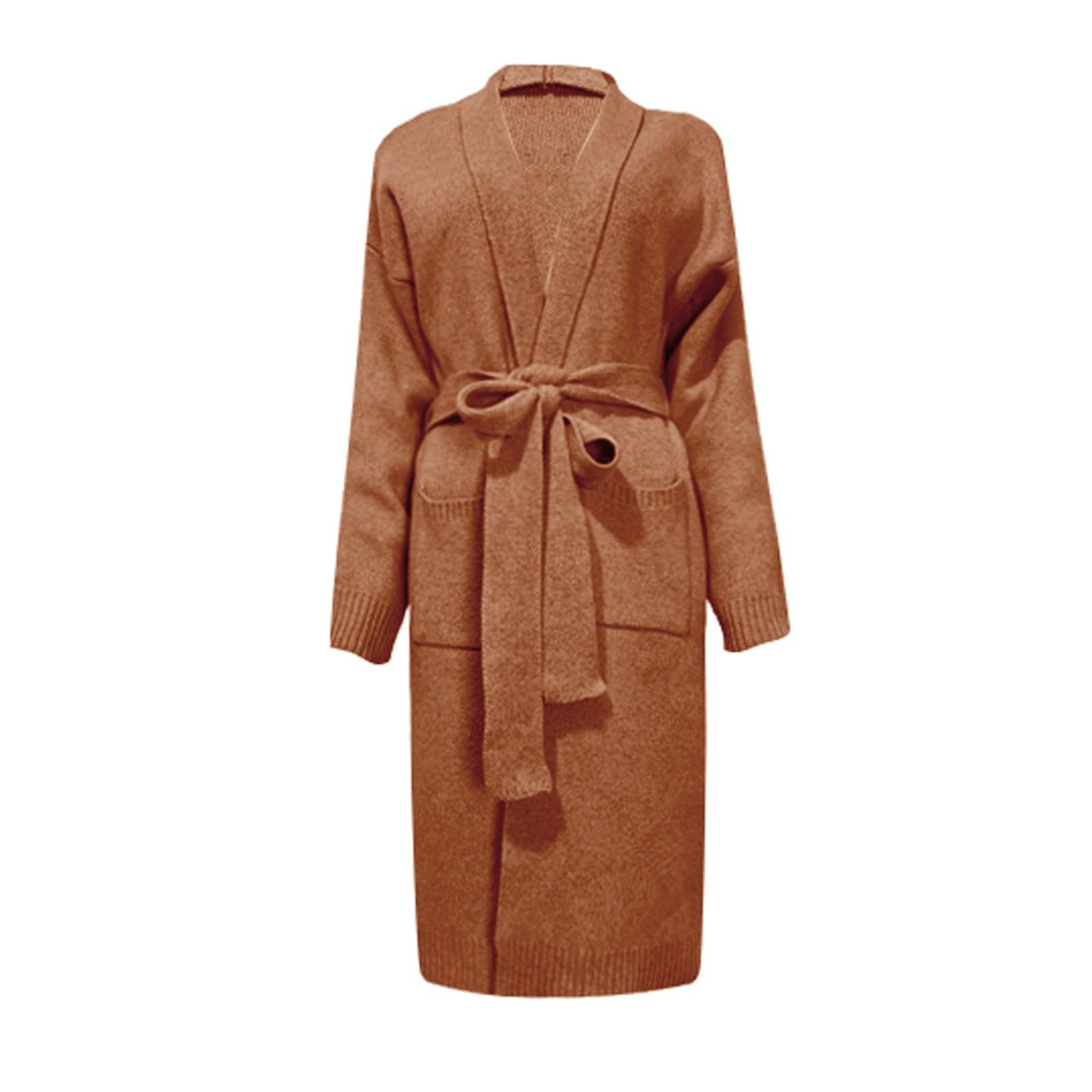 Cárdigan para mujer, cárdigan largo de punto con cinturón, cuello en V, manga larga, informal, cómodo, elegante, con frente abierto, cómodo, abrigo de punto