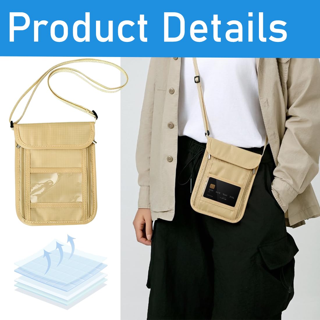 2 pcs Cartera de Cuello Porta Pasaporte, Bolsa para el cuello para hombre, Bolso en el pecho protección, Bolsa de Viaje Seguridad, Bolsa Halter Antirrobo con Múltiples Compartimentos