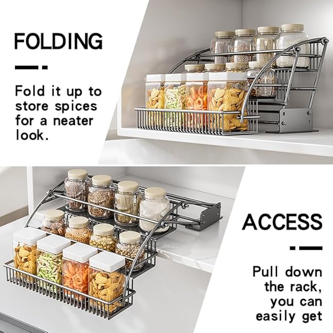 3-Tier Pull Down Spice Rack Organizer for Inside Cabinet Pantry Expandable Display Riser Shelf Kitchen Seasoning Shelf (31.5cm/12.4in)