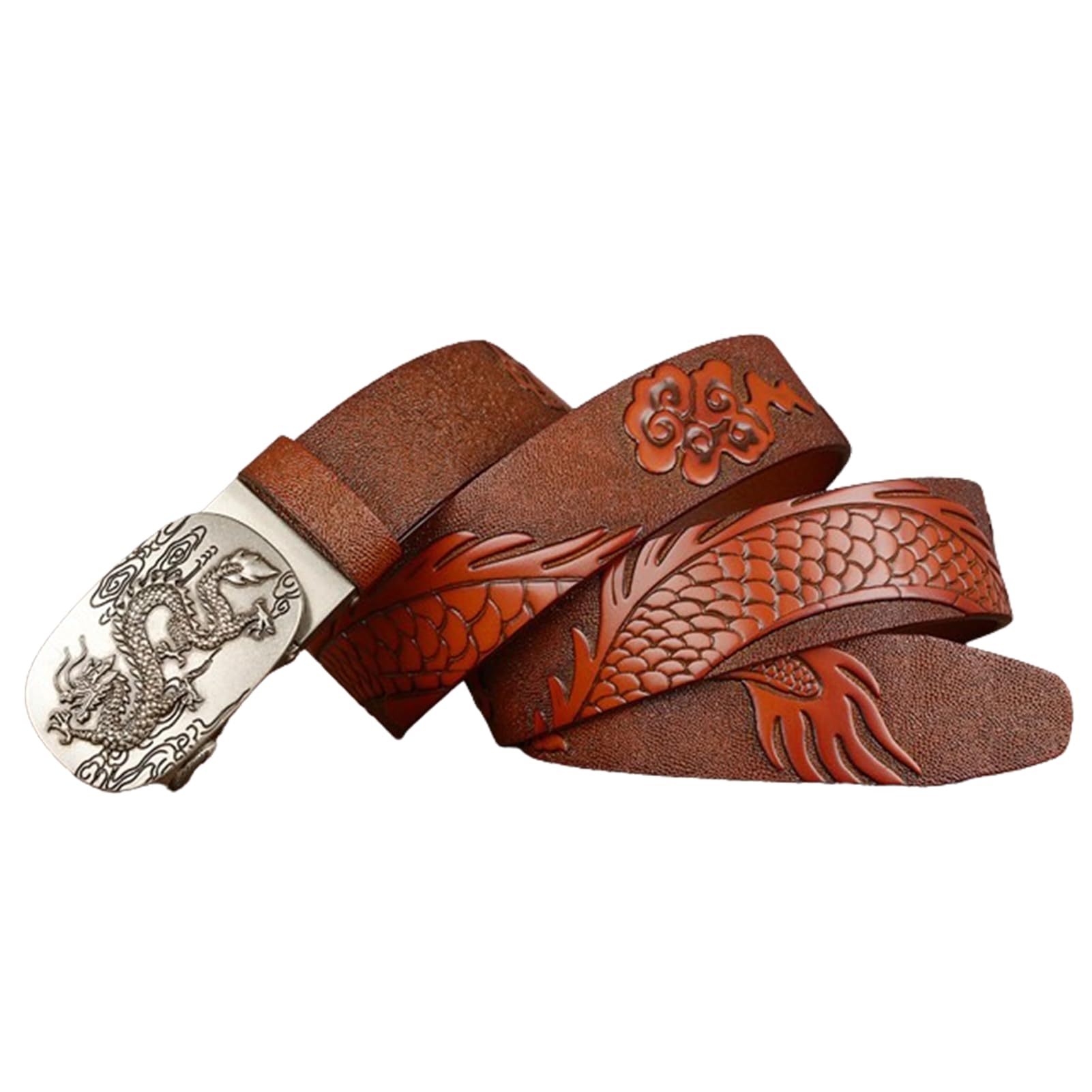 Cinturón De Trinquete para Hombre Longitud Ajustable Full Grain Suave Cinturones De Cuero De Vaca Genuino con Hebilla Automática Filigrana Dragón Tallado(120cm/47, Brown)