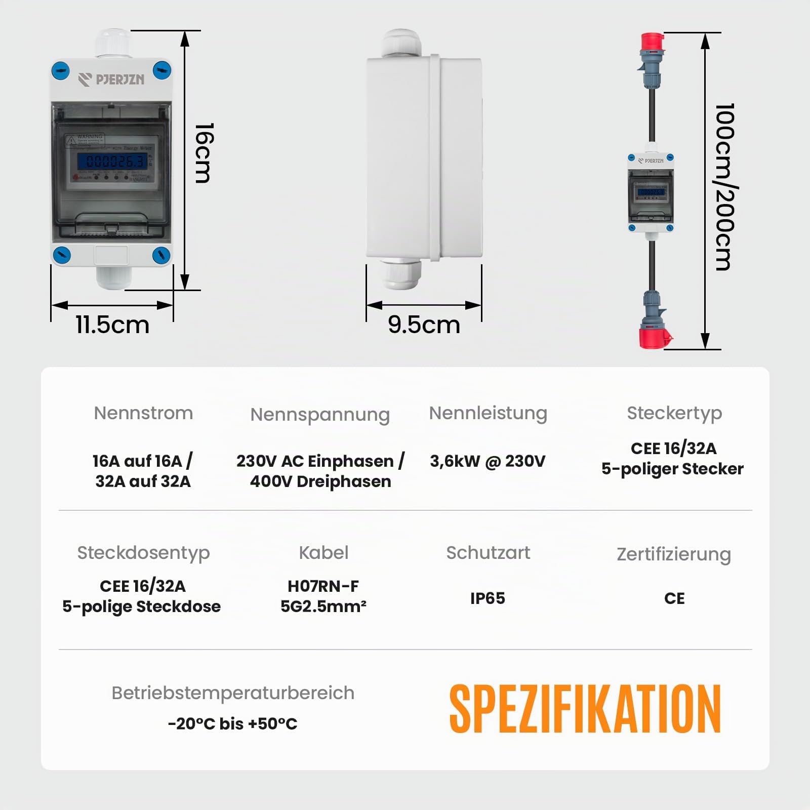 Stromzähler 3 Phasen 16A 400V, Drehstromzähler mit CEE Stecker und Kupplung, 1M H07RN-F Kabel, Zwischenzähler für Steckdose, Wallbox 11kW und Baustelle