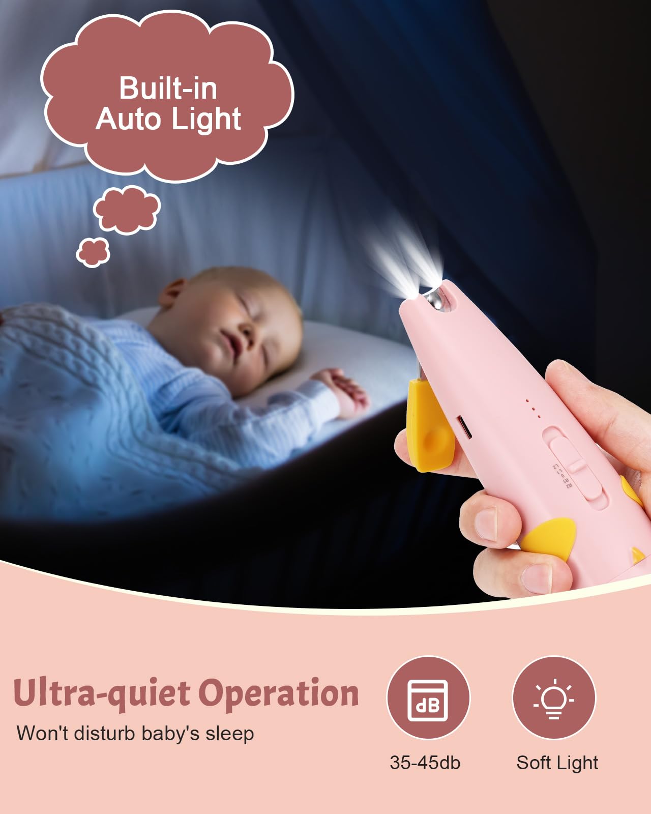 Lictin Tagliaunghie Elettrica per Neonato,Tagliaunghie 15 in 1,tagliaunghie elettrica sicura per bambini,set per manicure con 10 testina di affilatura e luci LED per neonati o adulti(Rosa)