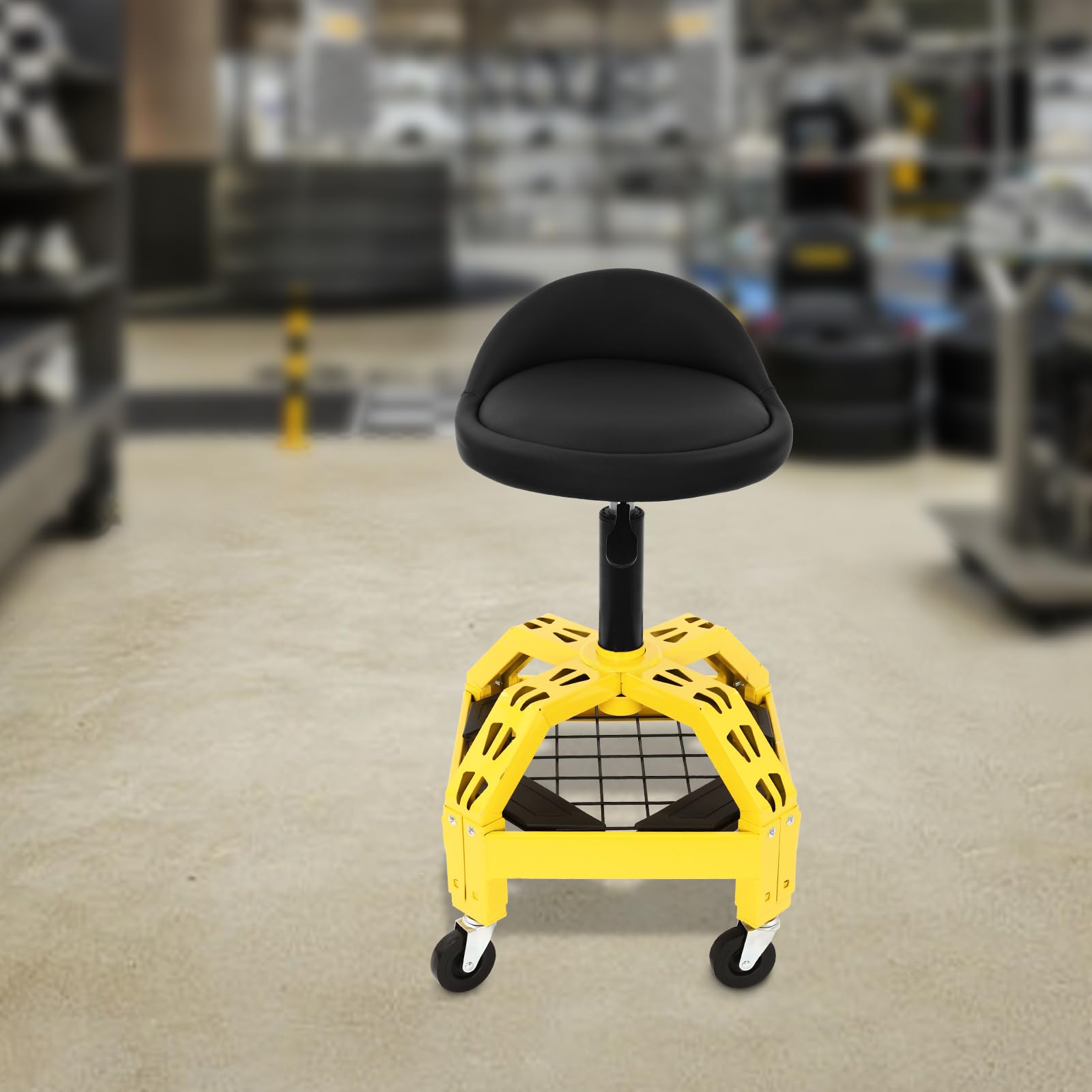 Sgabello da officina regolabile in altezza in ferro con 4 ruote girevoli a 360°, sgabello telescopico da officina con griglia per attrezzi, sgabello da officina, fino a 130 kg