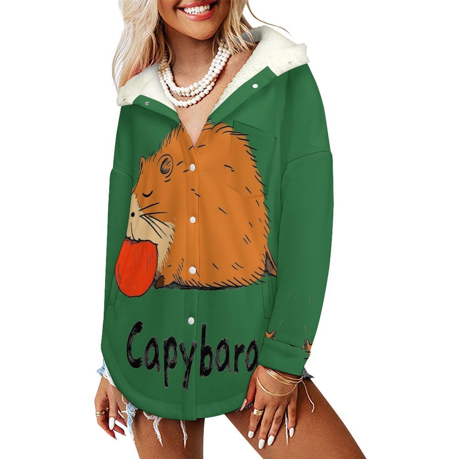 Sudadera Invierno con Capucha de Forro Polar Mujer Lindos Capibaras Cálido Hoodies a Manga Larga Felpa Sudadera con Bolsillos, Verde Oscuro