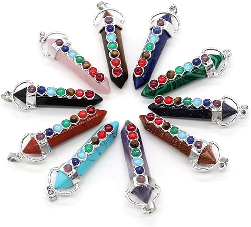 5 piezas de piedra natural colgante de aleación de metal forma de columna de cristal siete chakras curación aura para hacer collares accesorios