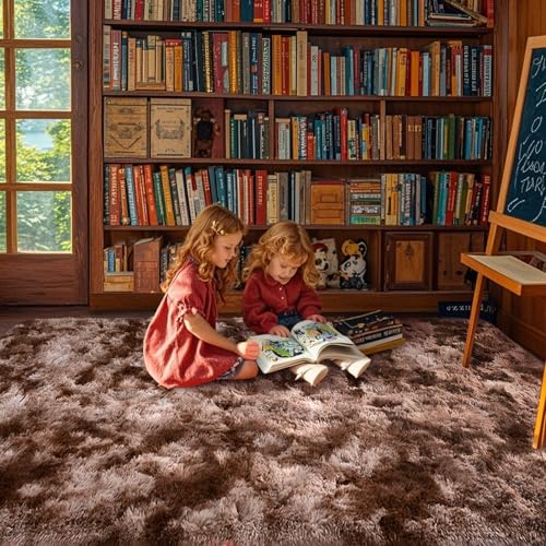 5x8 Brown Rugs for Living Room Fluffy Fur Bedroom Area Rug,Rustic Plush Non-Slip Dark Carpet for Book Room Office,Coffee Stain Resistant