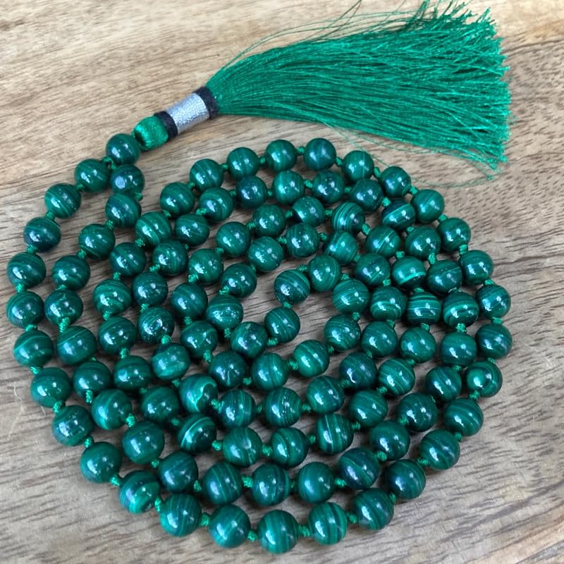 Natürliche AAA-grüne Malachit-Japa-Mala-Halskette, Gebets-Mala-Perlen, 108 Kyanit-Edelstein-Mala, buddhistische Mala, handgeknüpfte 8 mm Mala