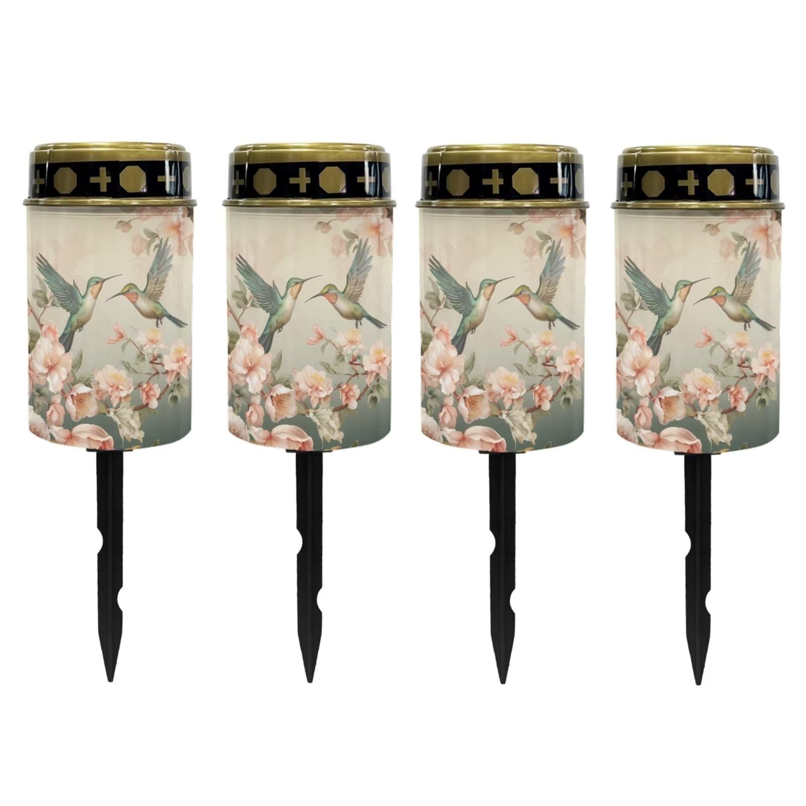 Poceacles Solar Lights Outdoor Grave Solar Lights for Cemetery Decoration Solar Outdoor Lights Cemetery Solar Lamp for Garden Lawn Backyard Pathway Decor, Hummingbird Flower Beige, Pack of 4