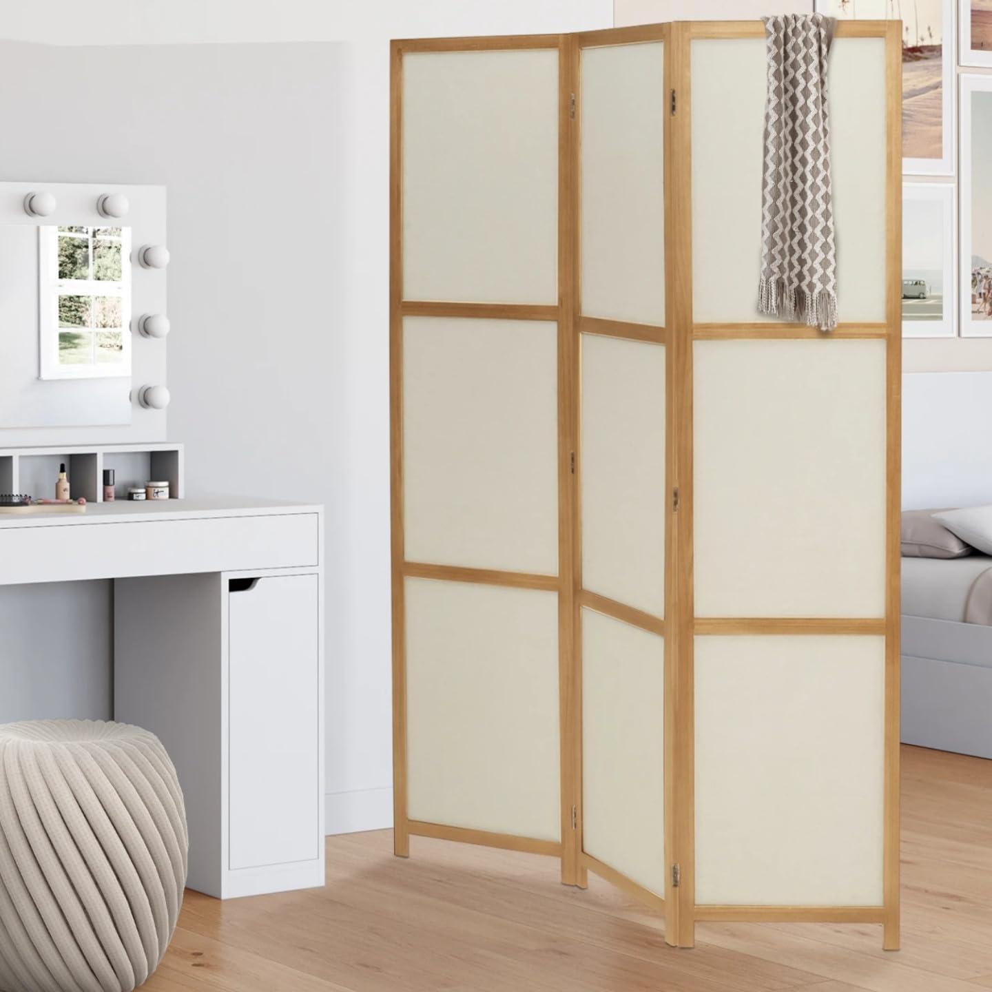 IDMarket - Innenparavent aus Holz und beigem Stoff