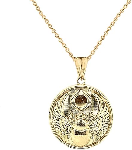 Collar con colgante de oro de 14 quilates con colgante de escarabajo egipcio antiguo y disco solar