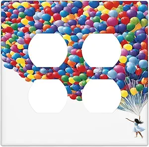 Decorative Outlet Covers Girl Holding Colorful Balloons 2 Gang Wall Plate Cover Double Duplex Receptacle Two Switch Light Switch Cover Plate Jumbo Dual Faceplate for Bedroom Decor