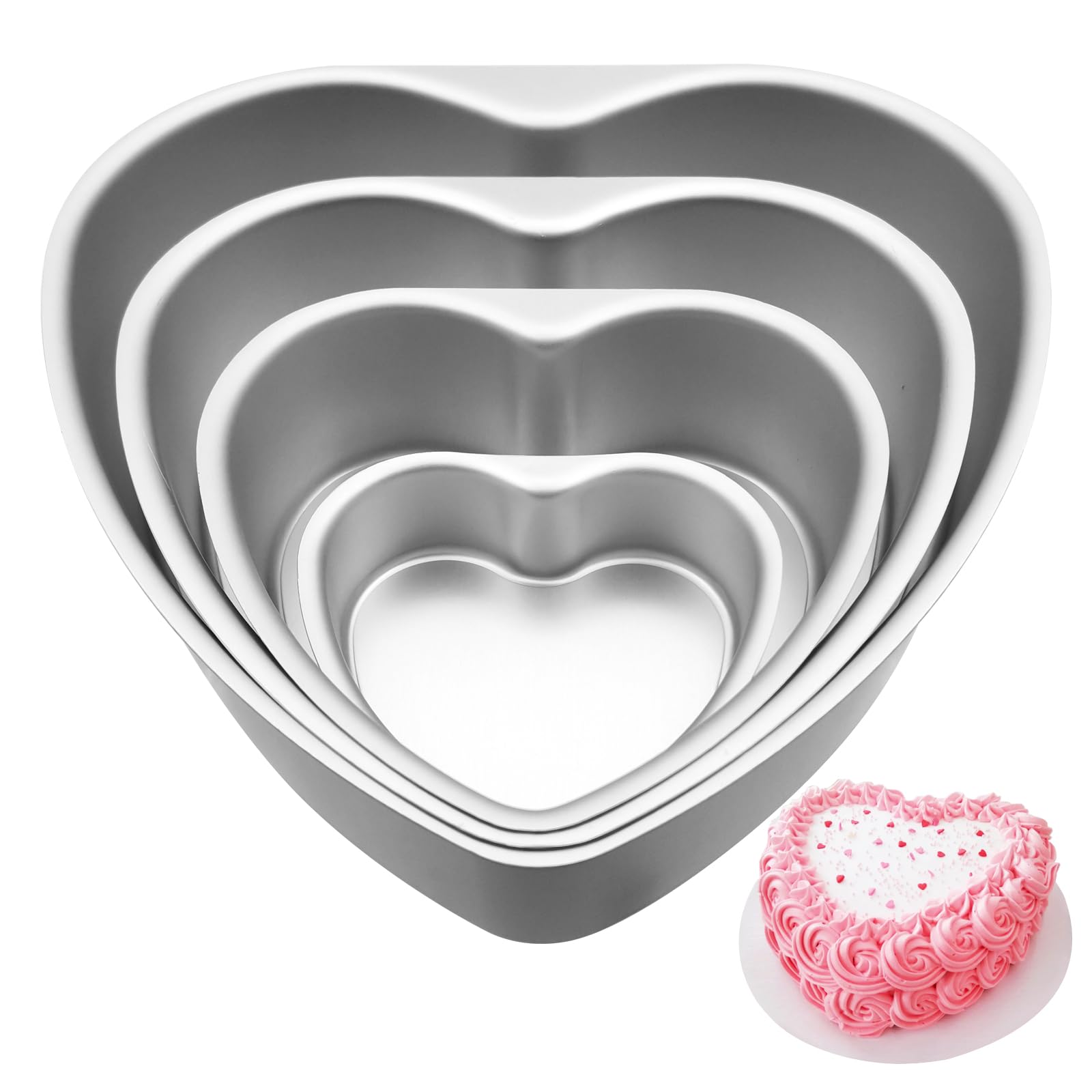 WBJKZJD Moldes de aluminio con forma de corazón, 4 moldes antiadherentes para hornear con parte inferior extraíble de 4/6/8/10 pulgadas, molde para tartas para el día de San Valentín, boda,