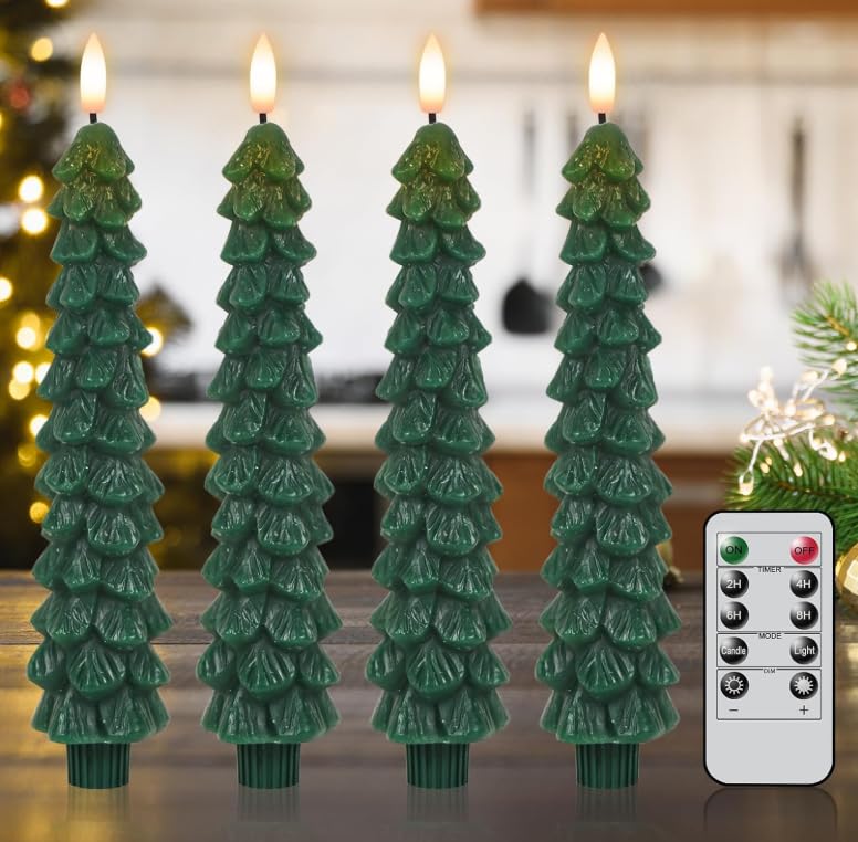 Image of Christmas Tree Candles, Flameless Taper Candles with Frosted Green