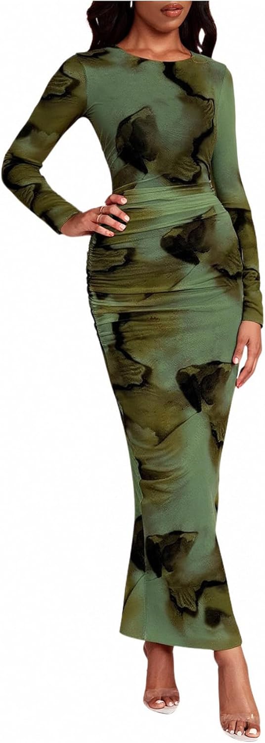 Women's Ruched Bodycon Dress Elegant Tie Dye Long Sleeve Maxi Evening Party Dresses