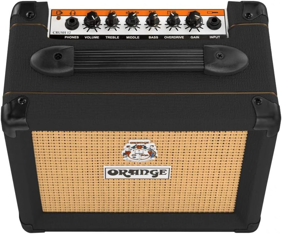 Orange Amplifiers Crush12 12W 1x6 Guitar Combo Amp (Black) Bundle with Blucoil 10' Straight Instrument Cable (1/4"), 2-Pack of Pedal Patch Cables, and 4-Pack of Celluloid Guitar Picks