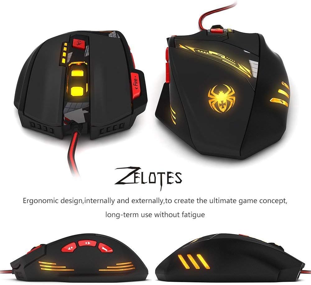 Zelotes Wired Gaming Mouse, 8 Programmable Buttons, 9200DPI MMO Gamer Mouse, Black, LED, Ergonomic, USB, PC, Mac, Laptop