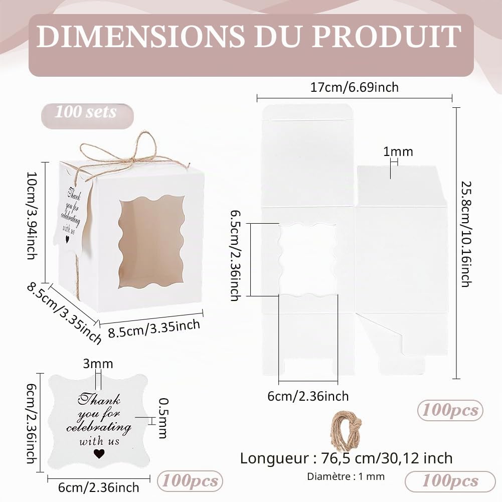 PH PandaHall 100 Lot de Boîtes Cadeaux pour Bougies Boîtes en Papier Blanc Rectangulaires de 8.5x8.5x10cm Boîte avec Fenêtre Transparente Étiquettes et Cordons pour 10oz Bougie Pot Fête
