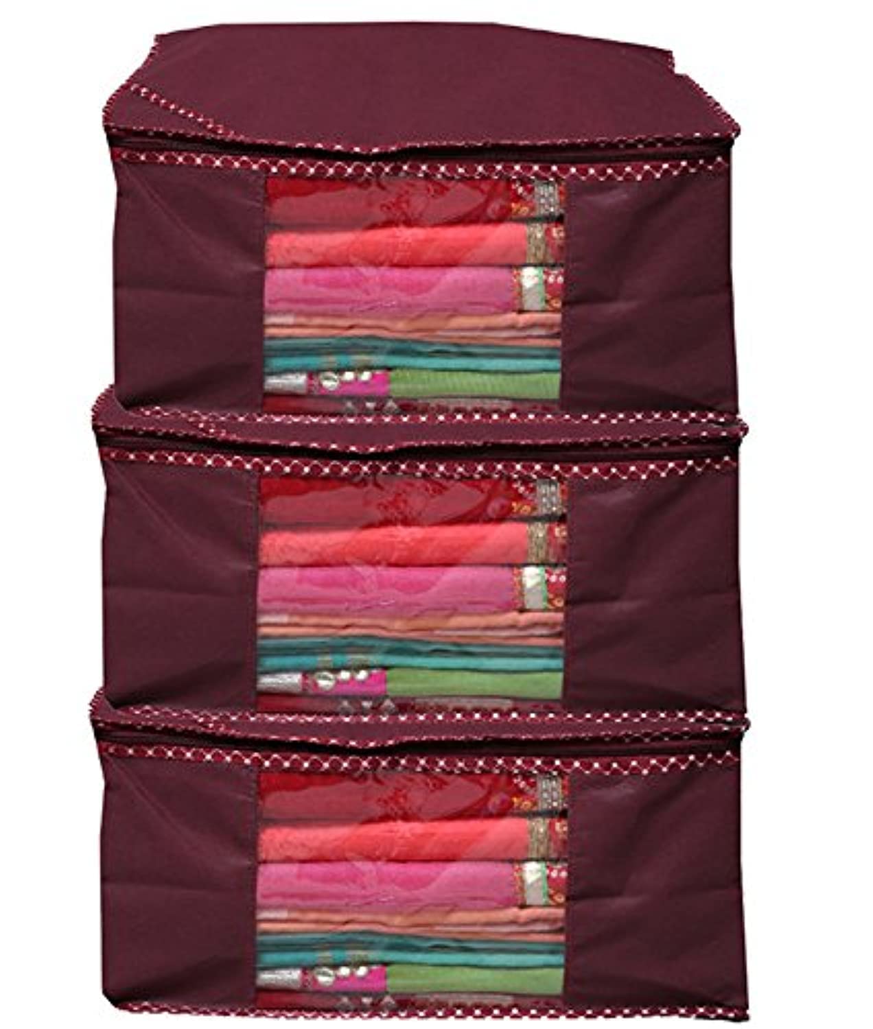 Kuber Industries 3 Pieces Non Woven Saree Organiser, Maroon
