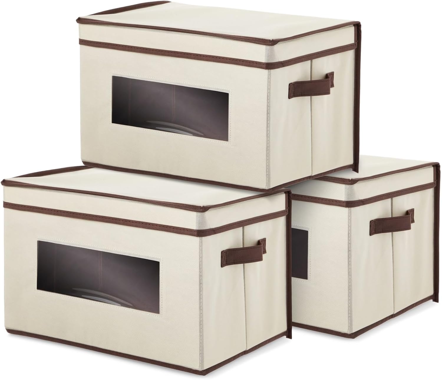 Juvale Stackable Fabric Storage Bins with Lids - 16.2 x 10 x 12 in Cream - Foldable Cardboard Bins With Handles & Front Window - Sturdy Stackable Storage Cubes for Closet & Dorm