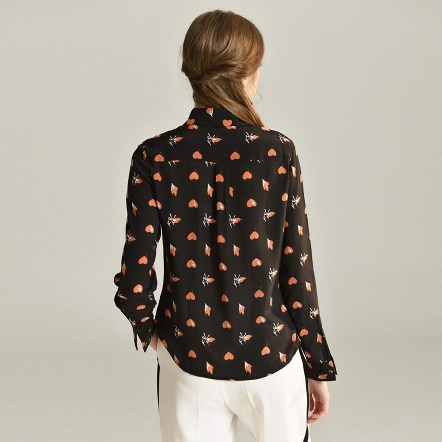 Camicia A Maniche Lunghe con Risvolto Stampato, Top Stampato A Forma di Cuore da Donna, Blusa in Seta Leggera