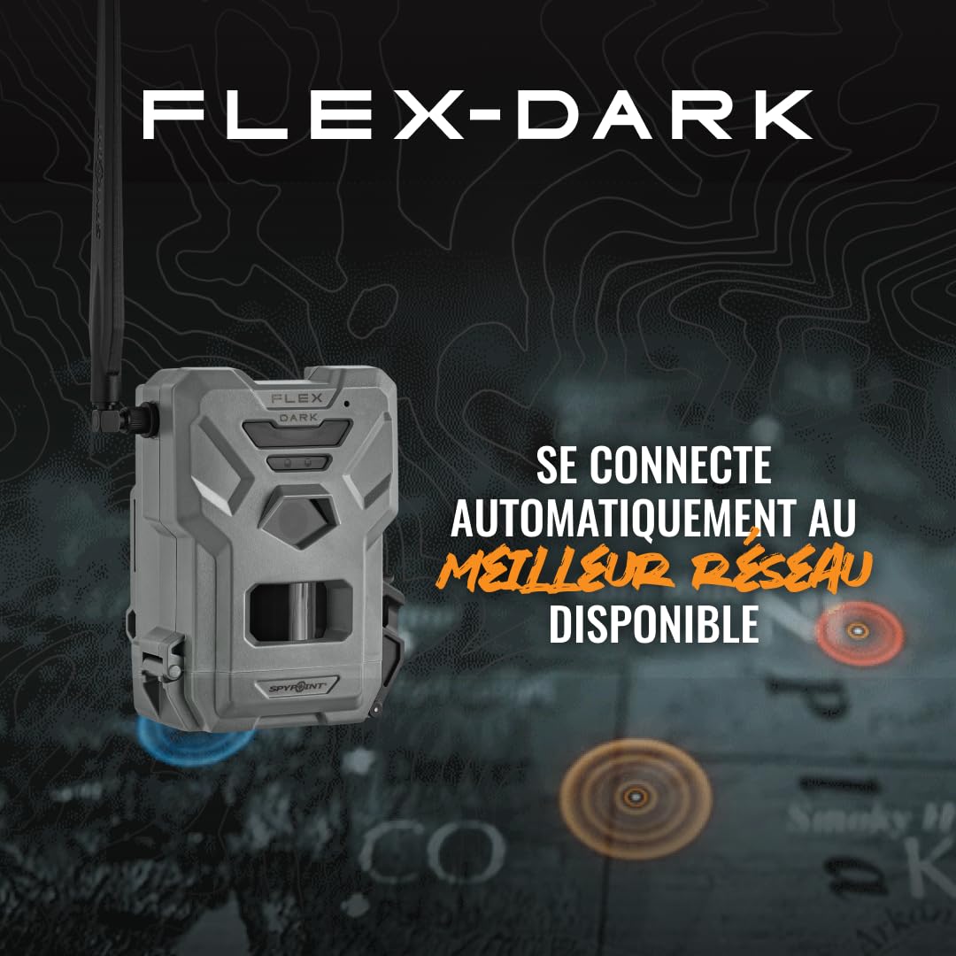 SPYPOINT Flex-Dark Caméra de Chasse cellulaire 40MP, vidéo 1080p avec Son, Vision Nocturne sans Lueur, détection 30 m, sans Wi-FI, Infrarouge Invisible, pour Sentier et gibier | SIM préactivée, 8 piles AA requises, Sangle incluse, Détection 30m, Compatibl