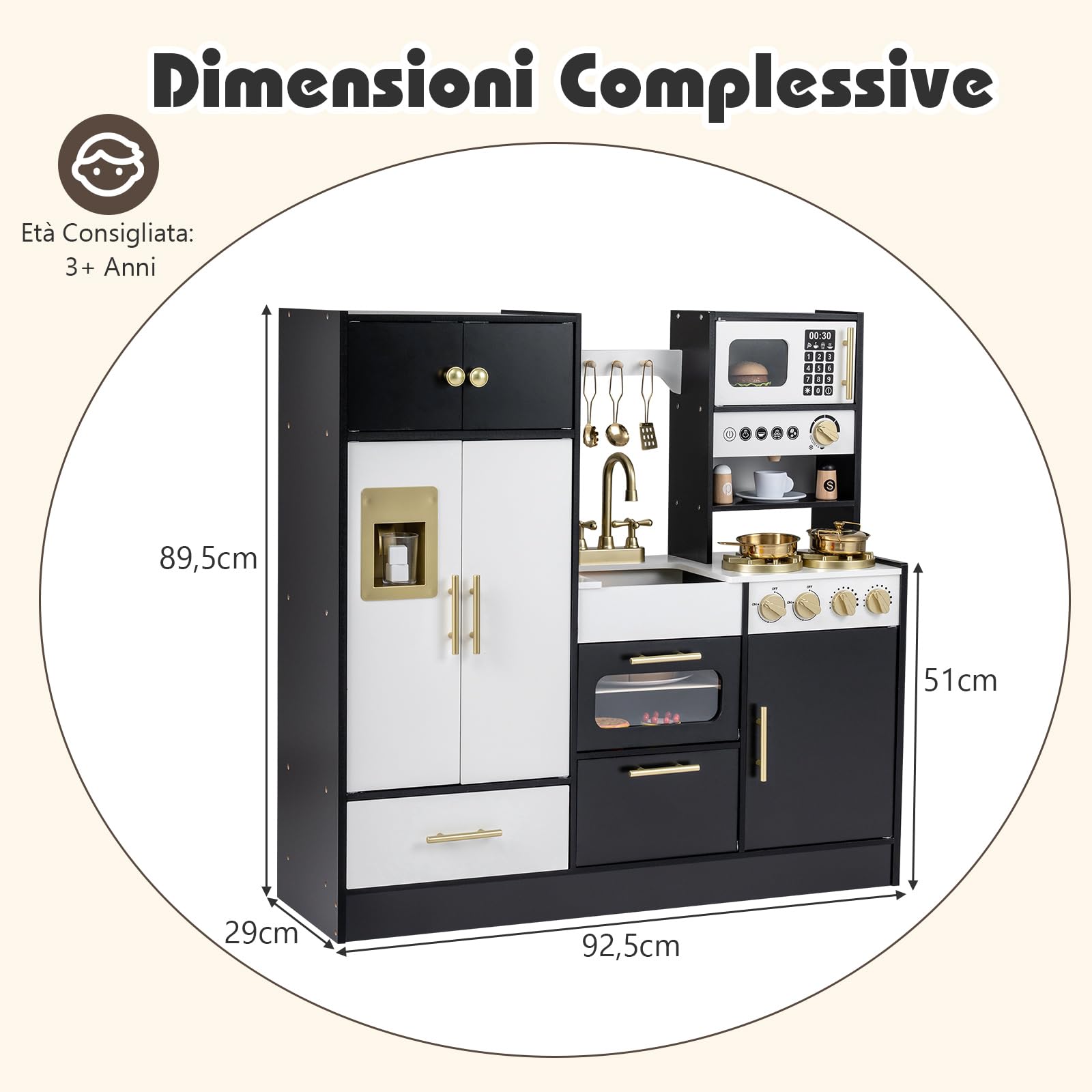COSTWAY Cucina Giocattolo per Bambini, Set Cucinetta in Legno con Luci e Suoni Realistici, Fornelli, Lavello, Rubinetto, Forno, Microonde, Macchina del Caffè, Gioco di Finzione Chef per Bambini 3+