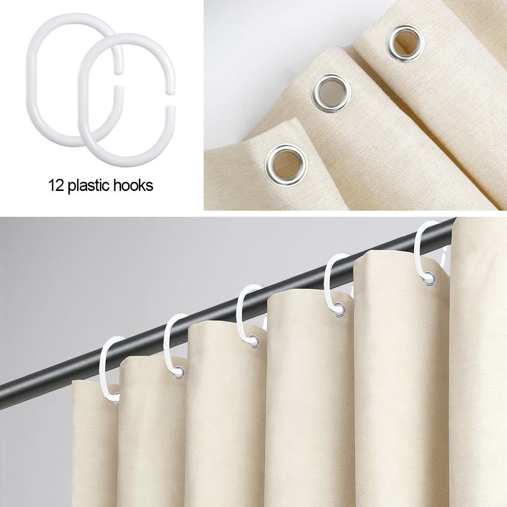 Tenda da doccia in lino 180x200 cm Beige chiaro, lavabile in lavatrice, tenda da bagno in tessuto lavabile antimuffa con 12 anelli