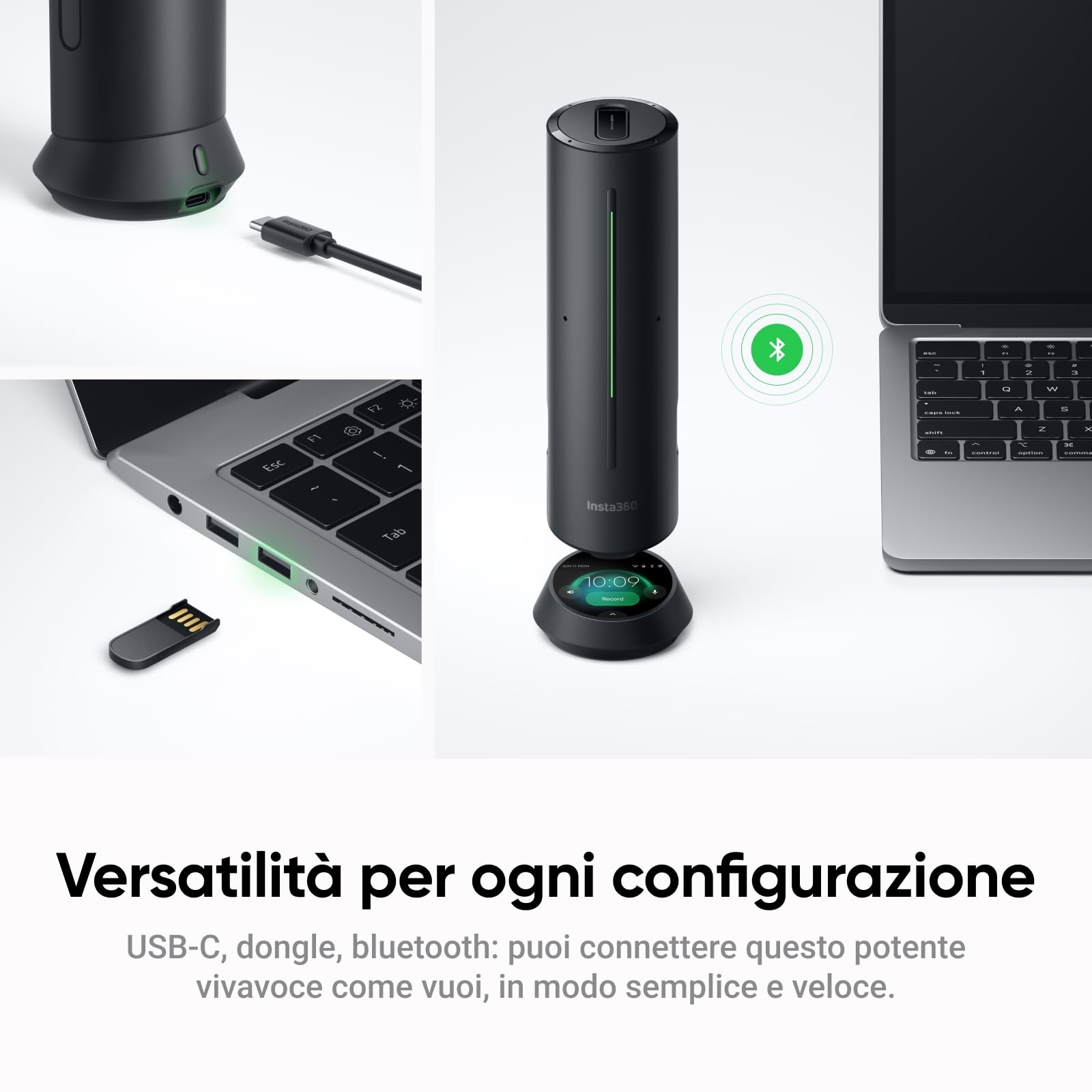 Insta360 Wave Nero grafite: Vivavoce IA, Bluetooth, Registratore vocale, 8 microfoni con Cancellazione del Rumore e Beamforming, Certificazione Zoom, Trascrizione e Riepiloghi IA in 99 Lingue, 32 GB