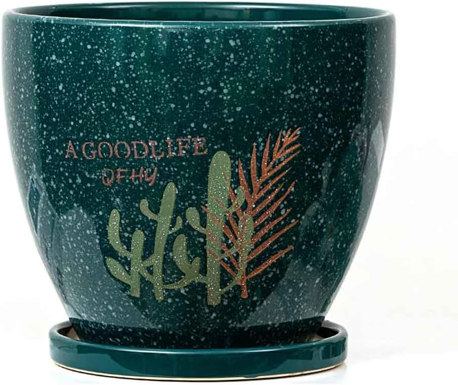 Ceramic Plant Pot with Drainage Hole and Saucer Dark Green Glazed Indoor Outdoor Planter with Cactus Print Decorative Flower Pot for Succulents, Houseplants, and Small Plants
