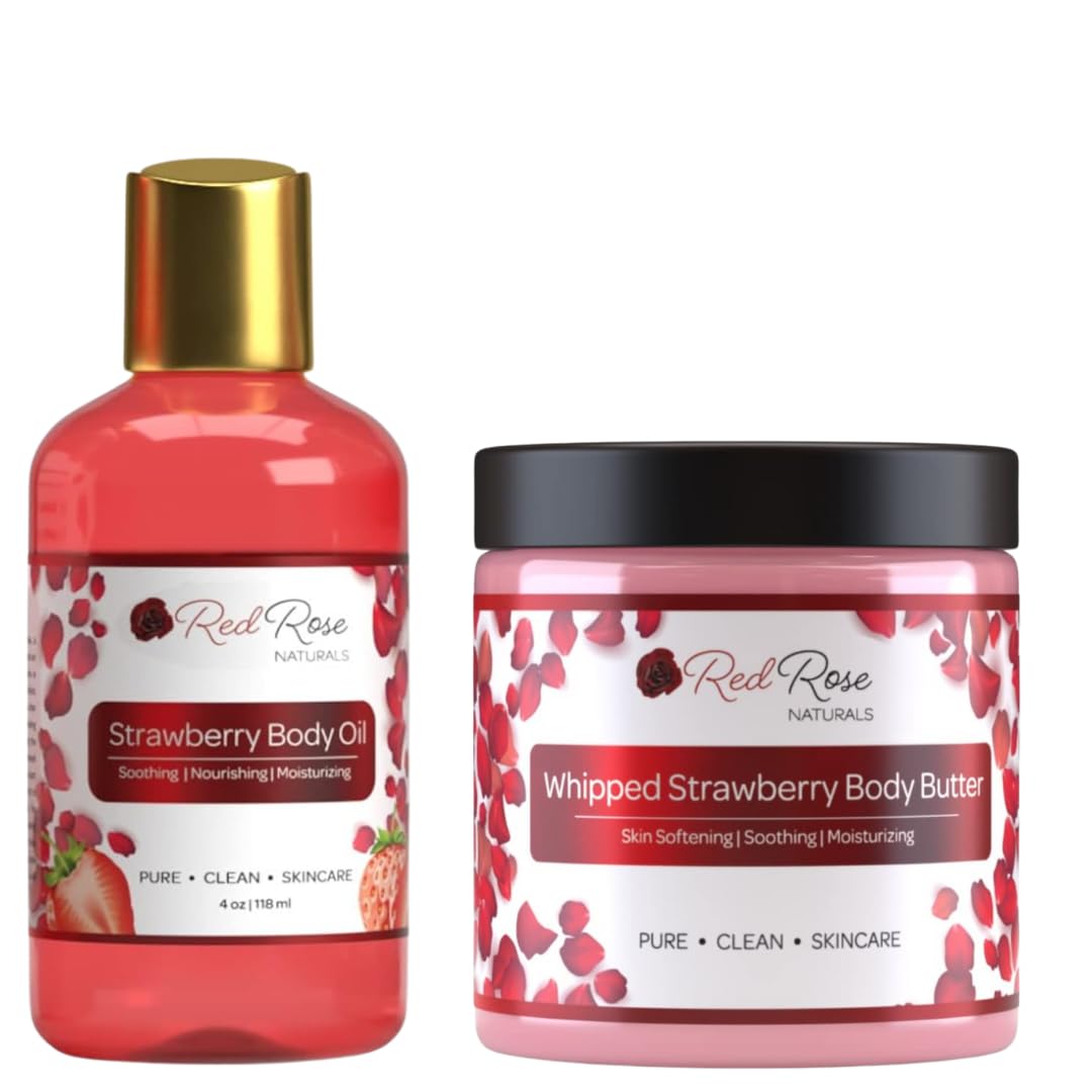 Red Rose Naturals Strawberry Body Oil 4 oz. & Strawberry Whipped Body Butter 8 oz. – Hydrating, Moisturizing, and Naturally Crafted – Vegan