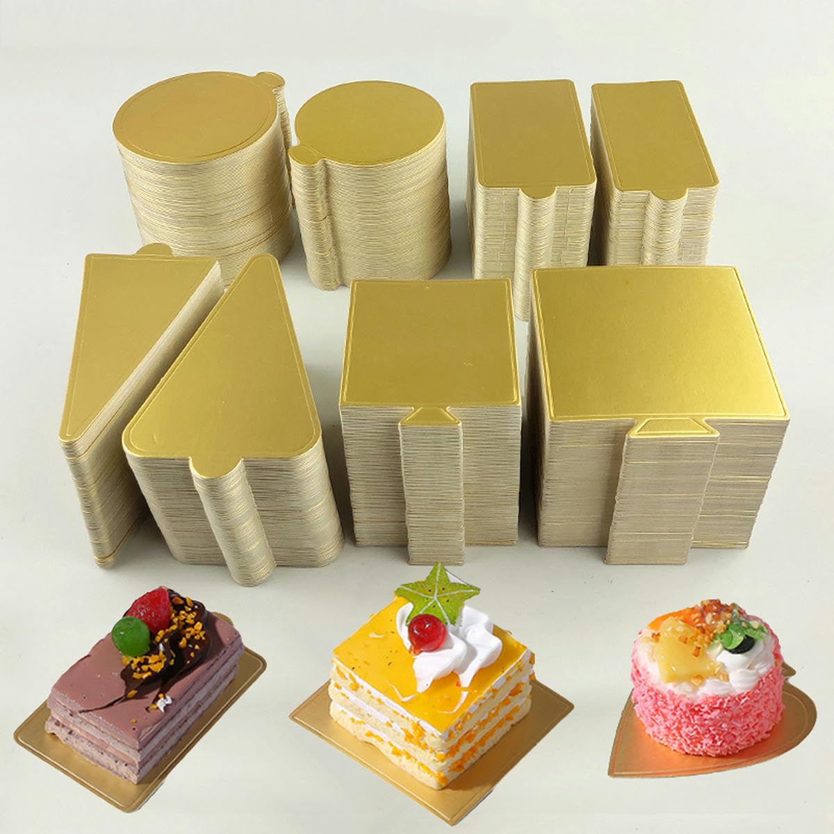 Lot de 100 plateaux à gâteaux en carton de différentes formes pour pâtisseries et desserts, plateau en carton doré, tapis en mousse, base de gâteau, outils décoratifs, argentés, ronds, S