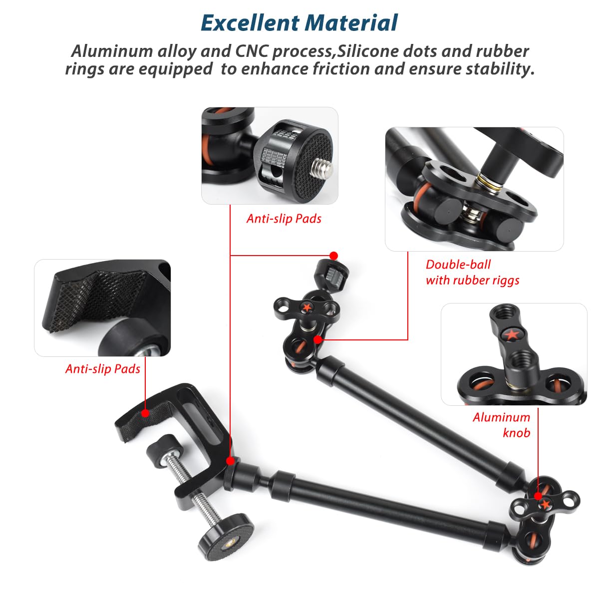 Brazo mágico ajustable de 53 cm con súper abrazadera, soporte de teléfono superior, soporte y abrazadera de cámara de escritorio resistente, brazo de fricción articulado para luz, cámara web