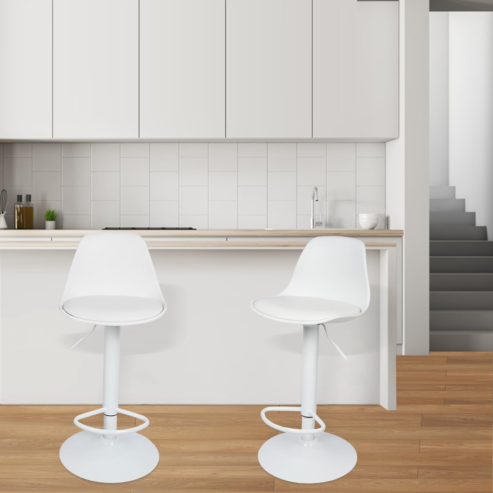 HUOLE Sgabello da Bar Moderno Sgabello Alto con schienale in Simipelle Sedia Alta da Cucina Regolabile Girevole (4pc-B bianco puro)